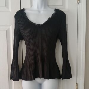 Sunny Leigh Black Lace Trim Ribbed Women's Blouse  Bell Sleeve Sz L NWOT